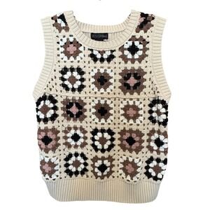 Crochet Granny Square Floral Sweater Vest M Neutral Cottagecore Grannycore Layer